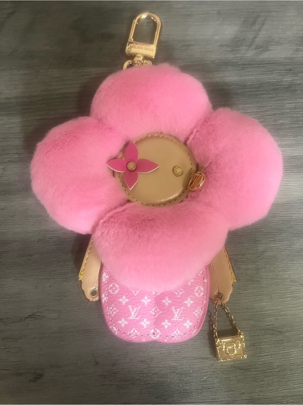 Pink Flower Pom-Pom Bag Charm Keychain